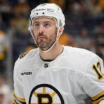 Boston Bruins defenseman Kevin Shattenkirk (12) plays during the second period of an NHL hockey game against the Nashville Predators, Tuesday, April 2, 2024, in Nashville, Tenn.