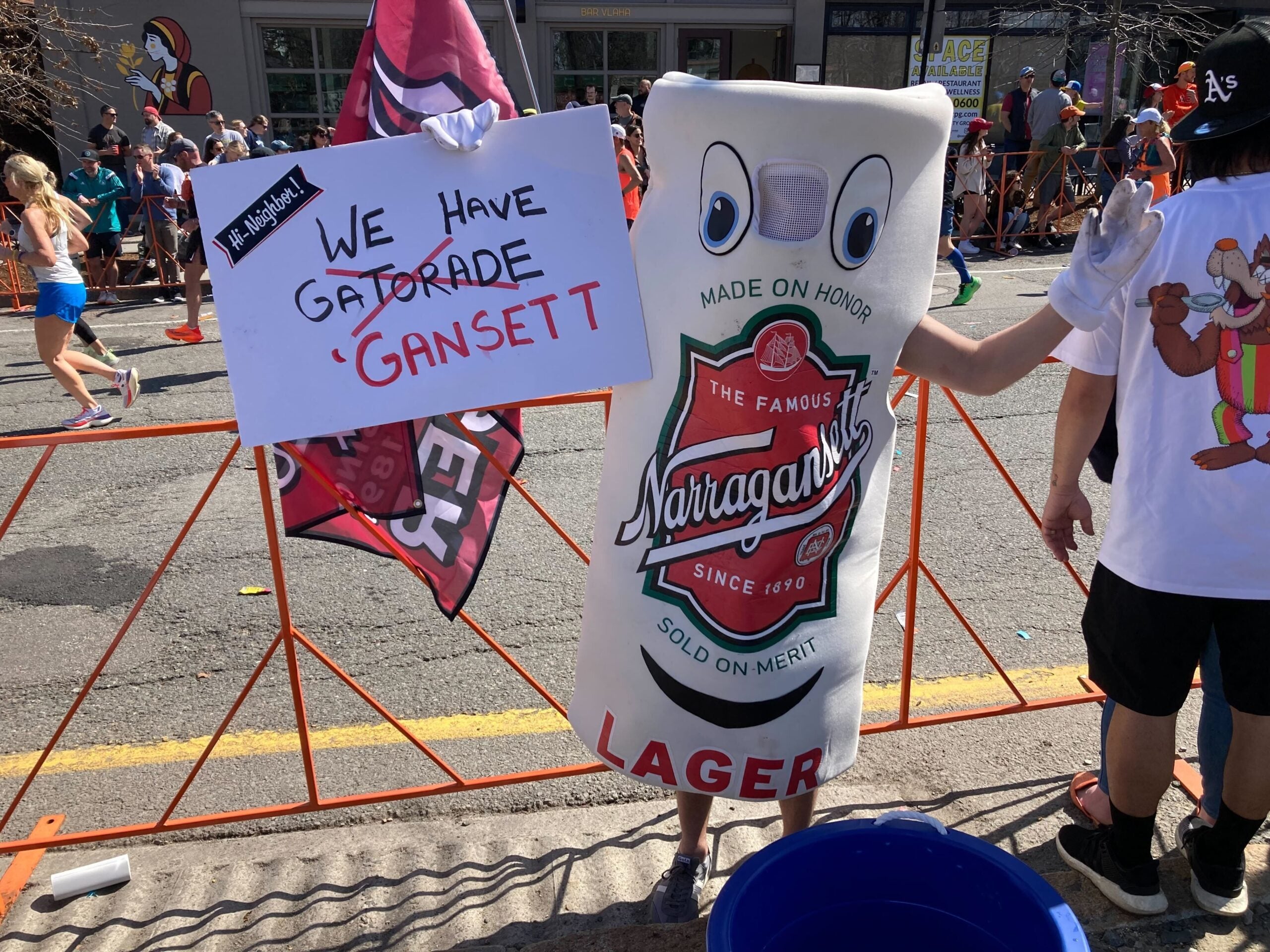 Matt Charlton is the man in the Narragansett costume, cheering on runners and handing out beers during the 2024 Boston Marathon.