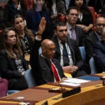 U.S. Deputy Ambassador Robert Wood votes against resolution during a Security Council meeting at United Nations headquarters, Thursday, April 18, 2024.
