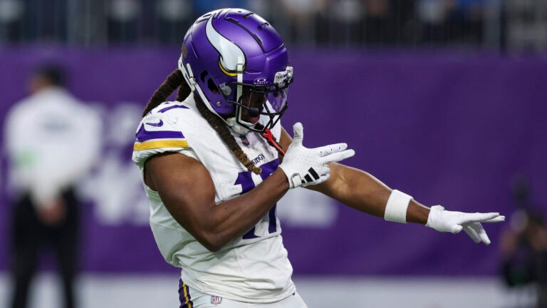 Minnesota Vikings wide receiver K.J. Osborn (17) reacts after a play during the second half of an NFL football game against the Detroit Lions, Sunday, Dec. 24, 2023 in Minneapolis.