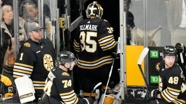 Boston Bruins goaltender Linus Ullmark (35) heads to the locker room after a loss to the Toronto Maple Leafs in Game 2 of an NHL hockey Stanley Cup first-round playoff series, Monday, April 22, 2024, in Boston.