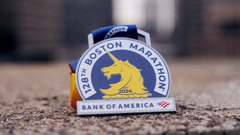 The newly redesigned medal that runners will receive at the end of the Boston Marathon.