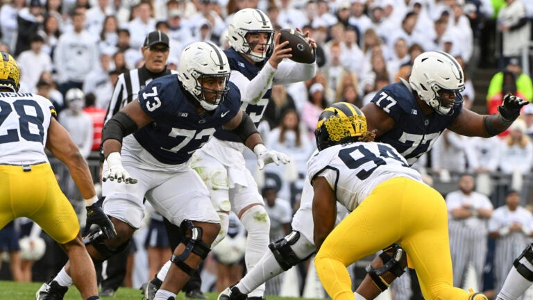 Penn State offensive lineman Caedan Wallace (73) looks to block Michigan defensive lineman Kris Jenkins (94) during the first half of an NCAA college football game, Saturday, Nov.11, 2023, in State College, Pa.