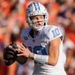 North Carolina quarterback Drake Maye (10) plays during the first half of an NCAA college football game Saturday, Nov. 18, 2023, in Clemson, S.C. Maye is a possible first round pick in the NFL Draft.