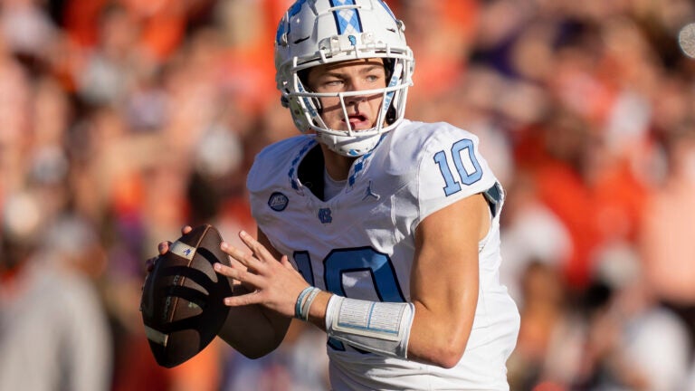North Carolina quarterback Drake Maye (10) plays during the first half of an NCAA college football game Saturday, Nov. 18, 2023, in Clemson, S.C. Maye is a possible first round pick in the NFL Draft.