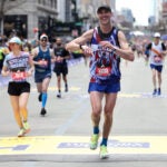 Zdeno Chara crosses the finish line during the Boston Marathon on Monday, April 15, 2024.