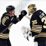 Boston Bruins' Jesper Boqvist (70) celebrates with Linus Ullmark (35) after scoring in overtime of an NHL hockey game against the Florida Panthers, Saturday, April 6, 2024, in Boston.
