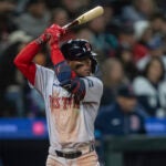 Boston Red Sox's Ceddanne Rafaela waits for a pitch during an at-bat against the Seattle Mariners in a baseball game, Saturday, March 30, 2024, in Seattle. The Mariners won 4-3 in 10 innings.