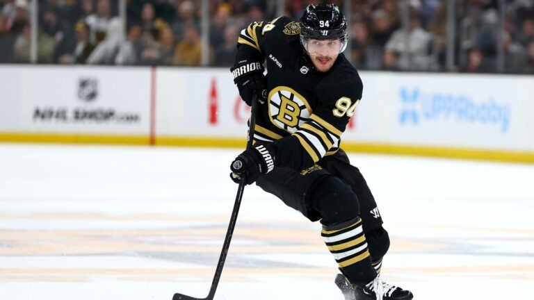 BOSTON, MASSACHUSETTS - MARCH 05: Jakub Lauko #94 of the Boston Bruins skates against the Edmonton Oilers during the first period at TD Garden on March 05, 2024 in Boston, Massachusetts.