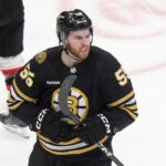 Boston Bruins right wing Justin Brazeau (55) celebrates after scoring in the second period of an NHL hockey game against the Ottawa Senators, Tuesday, March 19, 2024, in Boston.