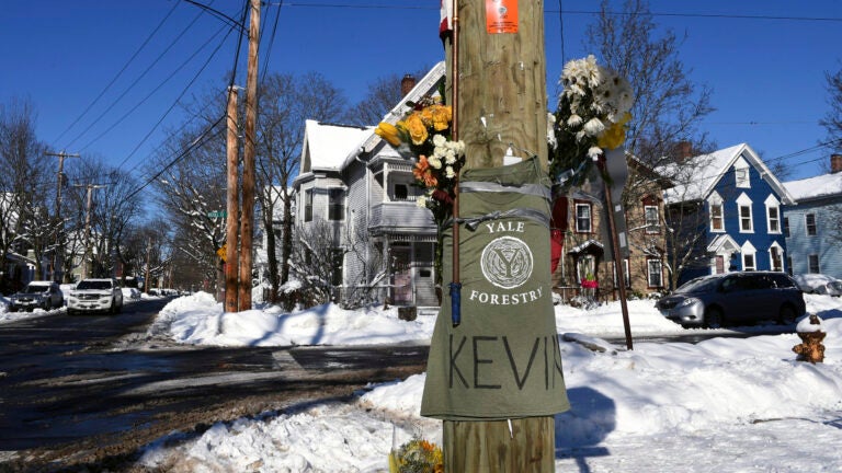 FILE - In this Monday, Feb. 8, 2021, file photo, a memorial for Yale School of the Environment student Kevin Jiang near the scene of his shooting at the corner of Nicoll and Lawrence Street in New Haven, Conn. Qinxuan Pan, a former researcher at the Massachusetts Institute of Technology is being sentenced Tuesday, April 23, 2024, to 35 years in prison for killing Yale grad student Kevin Jiang in New Haven in 2021.
