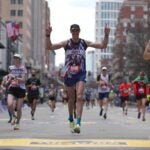 BOSTON, MASSACHUSETTS - APRIL 15: Former Boston Bruin Zdeno Chara crosses the finish lineduring the 128th Boston Marathon on April 15, 2024 in Boston, Massachusetts.