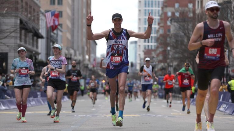 BOSTON, MASSACHUSETTS - APRIL 15: Former Boston Bruin Zdeno Chara crosses the finish lineduring the 128th Boston Marathon on April 15, 2024 in Boston, Massachusetts.