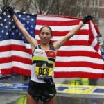 Des Linden of the US after crossing the finish line to win the women's division of the 122nd Boston Marathon in Boston, Massachusetts, USA 16 April 2018. The Marathon has been run annually by the Boston Athletic Association since 1897 and features more than 30,000 registerd participants.