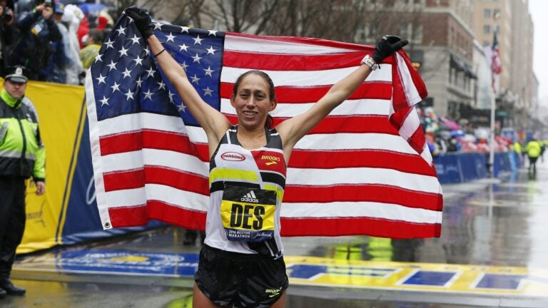 Des Linden of the US after crossing the finish line to win the women's division of the 122nd Boston Marathon in Boston, Massachusetts, USA 16 April 2018. The Marathon has been run annually by the Boston Athletic Association since 1897 and features more than 30,000 registerd participants.