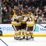 Boston Bruins players celebrate after the first goal of the game from Boston Bruins center Pavel Zacha (18) during the first period. The Boston Bruins host the Toronto Maple Leafs on November 2, 2023 at TD Garden. -
