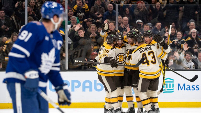 Boston Bruins players celebrate after the first goal of the game from Boston Bruins center Pavel Zacha (18) during the first period. The Boston Bruins host the Toronto Maple Leafs on November 2, 2023 at TD Garden. -