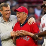 Larry Lucchino, Chairman/Principal Owner of the Worcester Red Sox joined Sox President Sam Kennedy and David Ortiz during a pre game Jimmy Fund ceremony. The Boston Red Sox host the Houston Astros on August 29, 2023 at Fenway Park in Boston, MA.