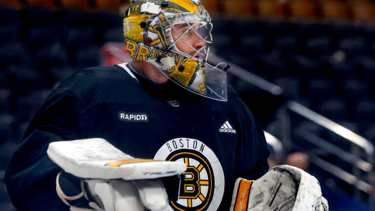 Bruins goaltender Jeremy Swayman (1) during practice the day before they play the Toronto Maple Leafs during the NHL Playoffs in game 4, of round 1, on Saturday night at Scotiabank Arena.