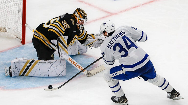 Boston MA 4/22/24 Toronto's Auston Matthews scores the game winning goal past Bruins goaltender Linus Ullmark during the third period.