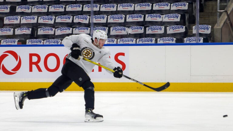 Boston Bruins defenseman Mason Lohrei (6) takes a shot on goal during their morning skate before tonight’s game against the Toronto Maple Leafs during the NHL Playoffs game 3 round 1 at Scotiabank Arena.