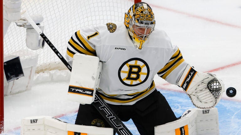 Boston Bruins goaltender Jeremy Swayman (1) makes a save against the Toronto Maple Leafs during first period action of the NHL Playoffs game 3, round 1,o at Scotiabank Arena.