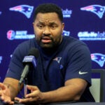 New England Patriots head coach Jerod Mayo (cq) at an afternoon press-conference at Gillete Stadium .