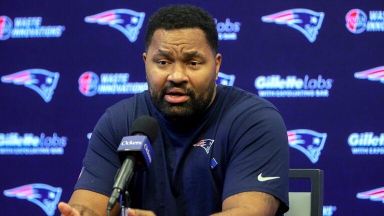 New England Patriots head coach Jerod Mayo (cq) at an afternoon press-conference at Gillete Stadium .