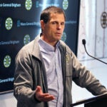 Brighton-09/19/2023 Bruins GM Don Sweeney speaks to the media.The Boston Bruins held press conferences at the Warrior Ice Arena at the start of their training camp there.