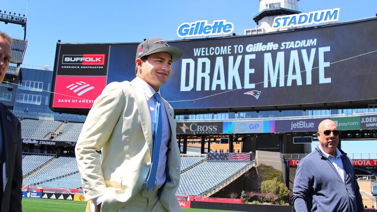 New England Patriots introduced their new number 1 draft choice, qb Drake Maye to the media on the field at Gillette Stadium. He was escorted on to the field by Robert and Jonathan Kraft.