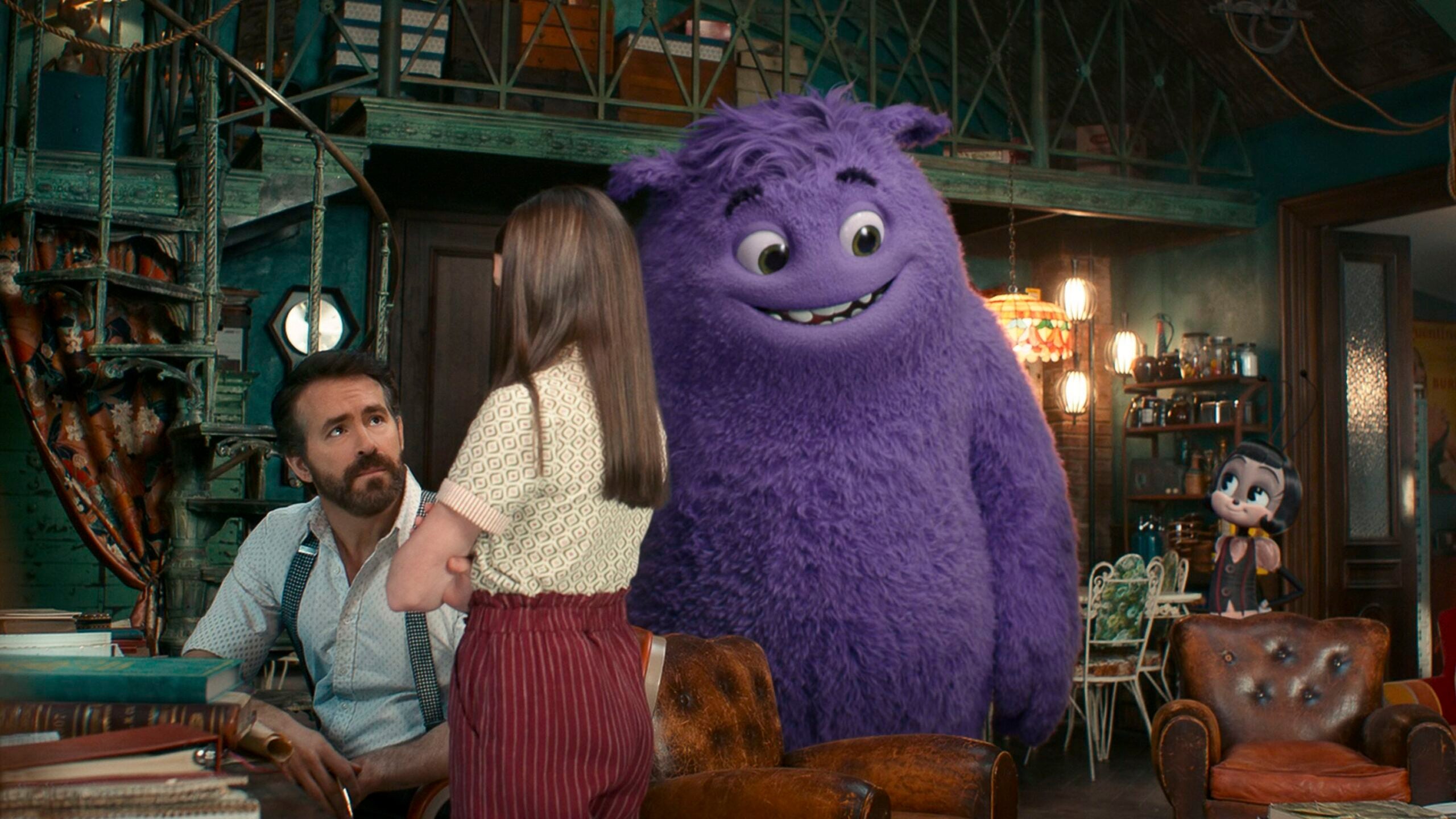 From left: Ryan Reynolds, Cailey Fleming, the character Blue (voiced by Steve Carell), and Blossom (voiced by Phoebe Waller-Bridge) in a scene from "IF."