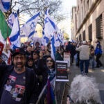 Pro-Israel demonstrators gather for the "Bring Them Home Now" rally outside the Columbia University.