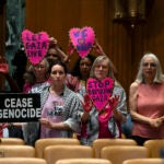 Protestors opposed to the war between Israel and Hamas stand before a hearing.
