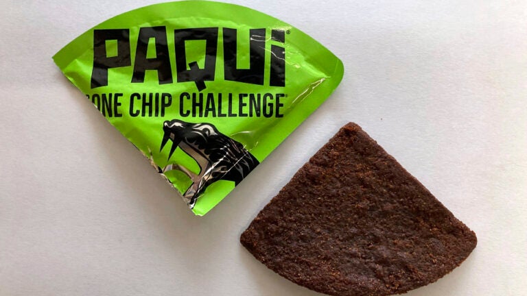 A Paqui One Chip Challenge chip.