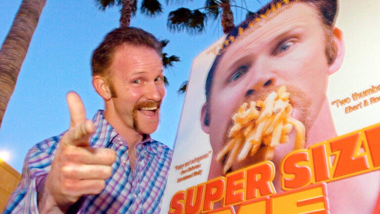 Morgan Spurlock poses at the Los Angeles premiere of his film "Super Size Me," in Hollywood.