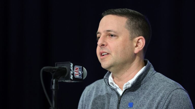 INDIANAPOLIS, INDIANA - FEBRUARY 27: Director of scouting Eliot Wolf of the New England Patriots speaks to the media during the NFL Combine at the Indiana Convention Center on February 27, 2024 in Indianapolis, Indiana.