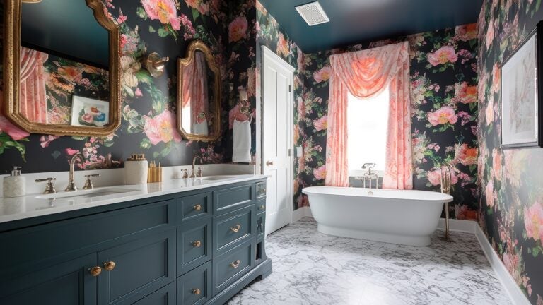 floral wallpaper in a modern bathroom, created with generative ai