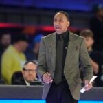 Stephen A. Smith shouts during the first half of the NBA All-Star Celebrity Game, Friday, Feb. 16, 2024, in Indianapolis.