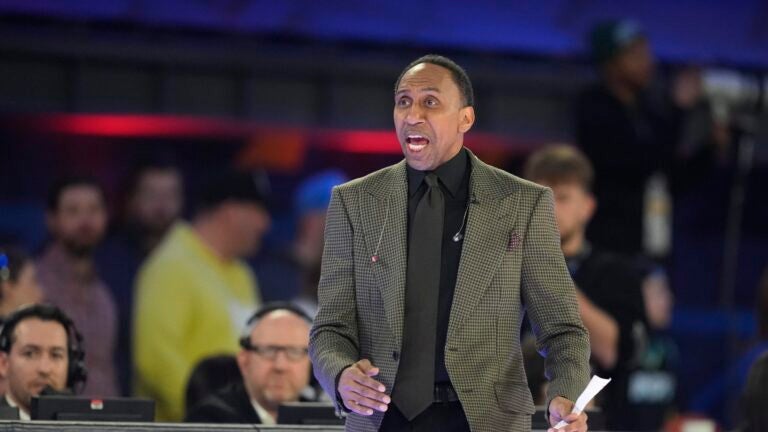 Stephen A. Smith shouts during the first half of the NBA All-Star Celebrity Game, Friday, Feb. 16, 2024, in Indianapolis.