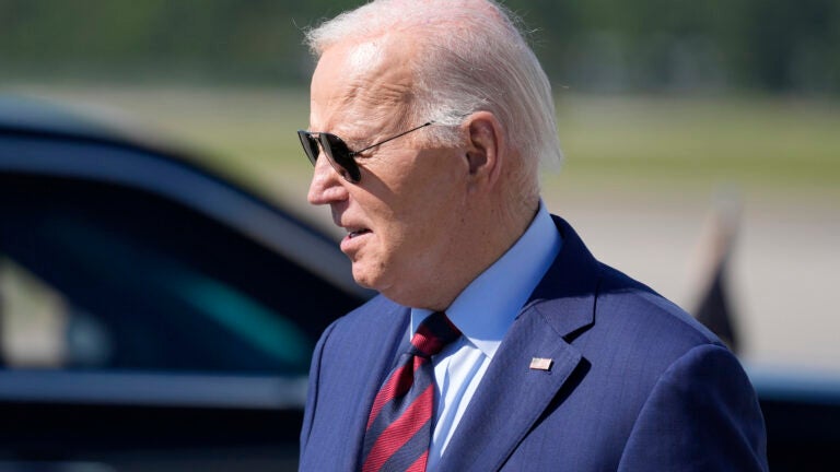 President Joe Biden walks after arriving on Air Force One at Wilmington International Airport, Thursday, May 2, 2024, in Wilmington, N.C.