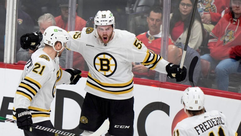 Boston Bruins right wing Justin Brazeau (55) faces left wing James van Riemsdyk (21) and center fielder during the third period of Game 1 of the Stanley Cup Playoffs second round series against the Florida Panthers. Celebrating the goal with Trent Frederick (11).  , Monday, May 6, 2024, in Sunrise, Florida.