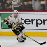 Boston Bruins left wing Brad Marchand warms up before the start of Game 1 of the second-round series of the Stanley Cup Playoffs against the Florida Panthers, Monday, May 6, 2024, in Sunrise, Fla.