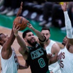 Celtics forward Jayson Tatum drives to the basket against the Cleveland Cavaliers during the first half of Game 5 in Boston.