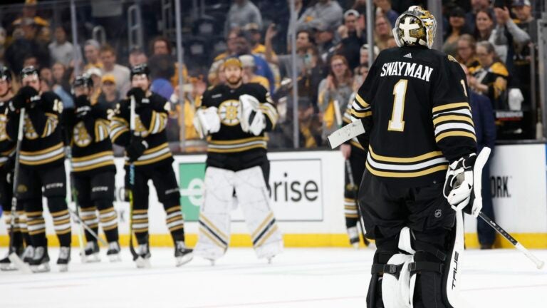 BOSTON, MASSACHUSETTS - MAY 17: Jeremy Swayman #1 of the Boston Bruins reacts after a 2-1 loss against the Florida Panthers in Game Six of the Second Round of the 2024 Stanley Cup Playoffs at TD Garden on May 17, 2024 in Boston, Massachusetts.