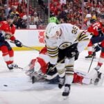 Morgan Geekie of the Bruins scores a goal against Sergei Bobrovsky of the Florida Panthers during the first period of Game 5 in Sunrise, Florida.