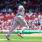 Rafael Devers of the Red Sox runs the bases after hitting a two-run homer during the sixth inning.