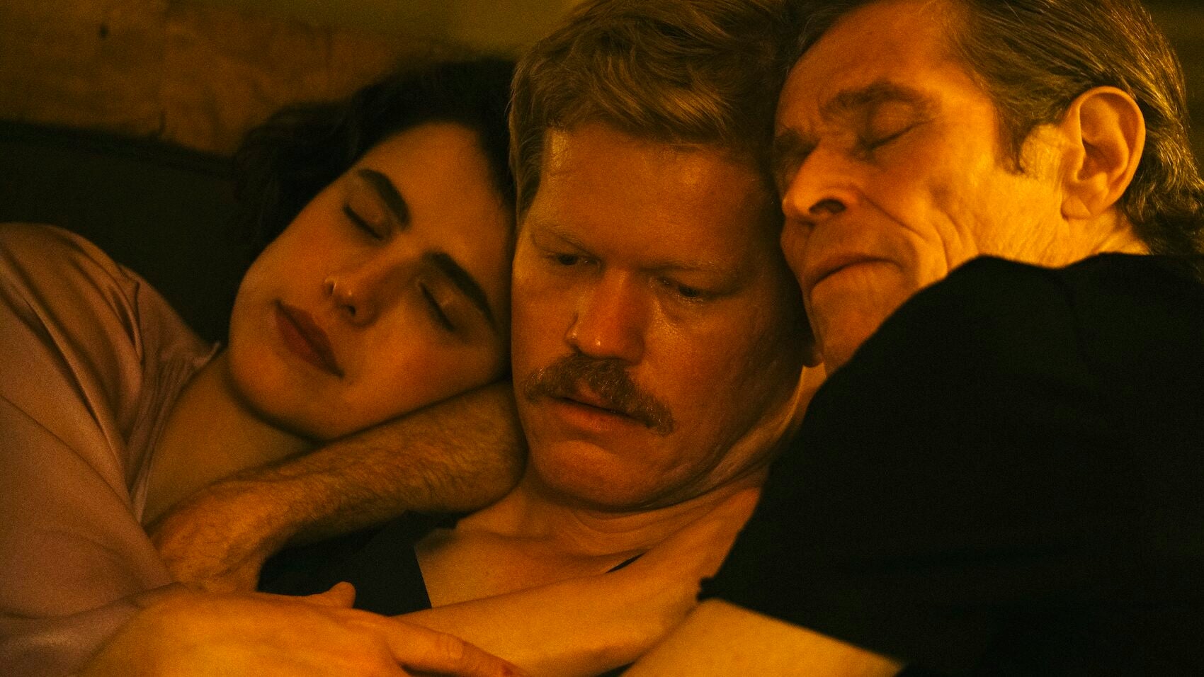 Margaret Qualley, Jesse Pemons, and Willem Dafoe in "Kinds of Kindness."