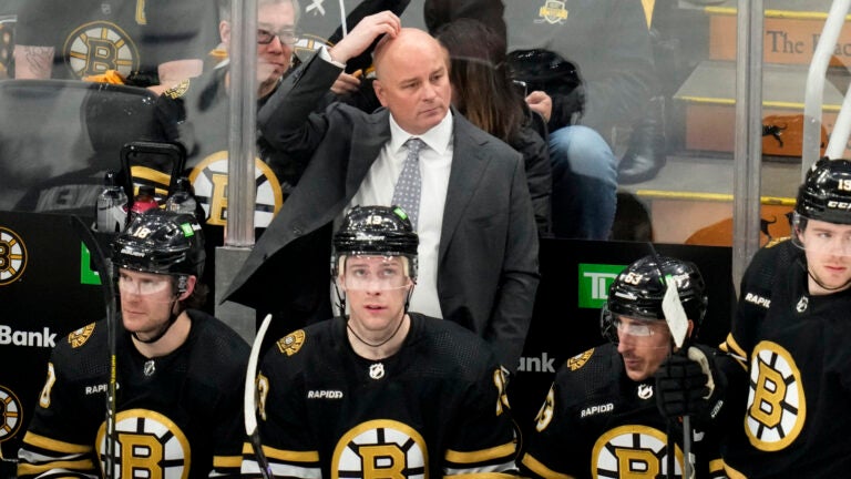 Boston Bruins head coach Jim Montgomery during Game 2 of an NHL hockey Stanley Cup first-round playoff series, Monday, April 22, 2024, in Boston.