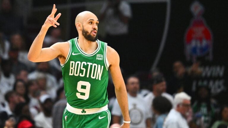 CLEVELAND, OHIO - MAY 11: Derrick White #9 of the Boston Celtics celebrates after scoring a basket against the Cleveland Cavaliers during the third quarter in Game Three of the Eastern Conference Second Round Playoffs at Rocket Mortgage Fieldhouse on May 11, 2024 in Cleveland, Ohio.