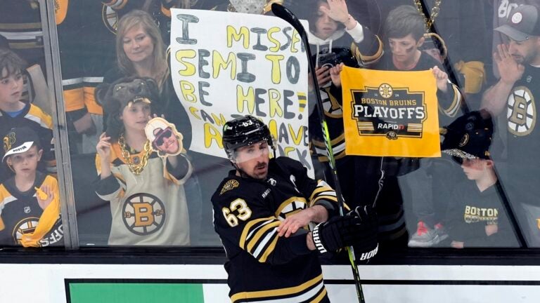 Boston Bruins' Brad Marchand warms up before Game 6 of an NHL hockey Stanley Cup second-round playoff series against the Florida Panthers, Friday, May 17, 2024, in Boston.